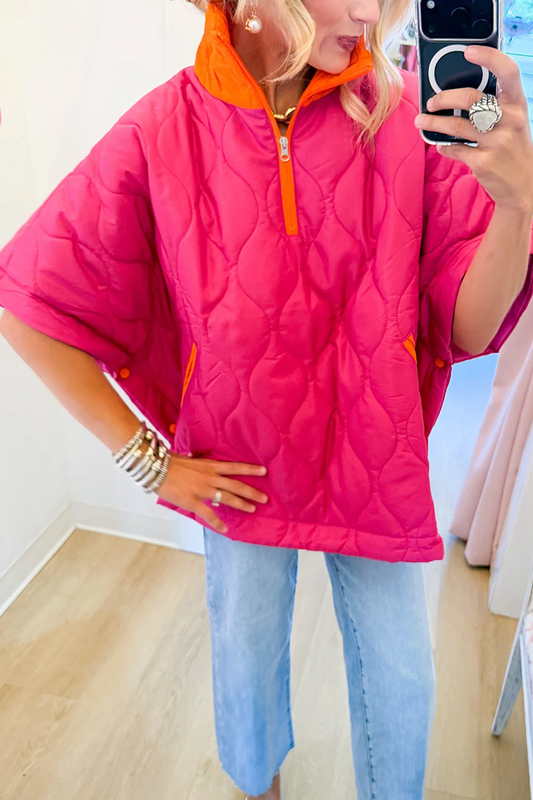 Pink Orange Quilted Quarter Zip Poncho