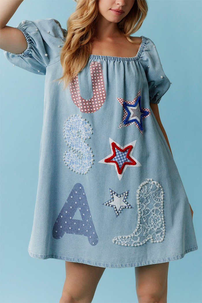 Puff Pearl Sleeve Denim Dress