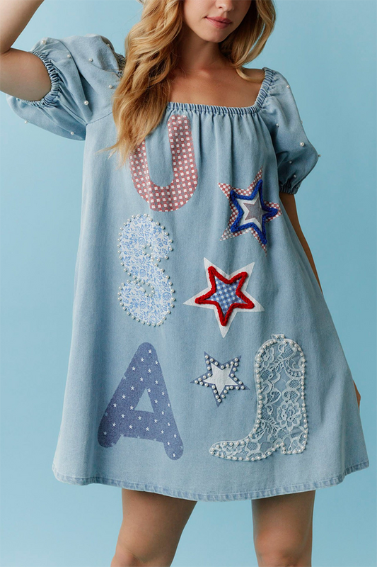 Puff Pearl Sleeve Denim Dress