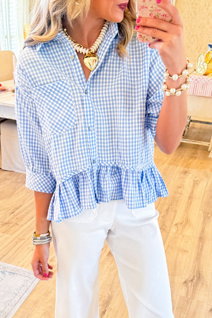 Casual Gingham Ruffle Hem Button Up Top