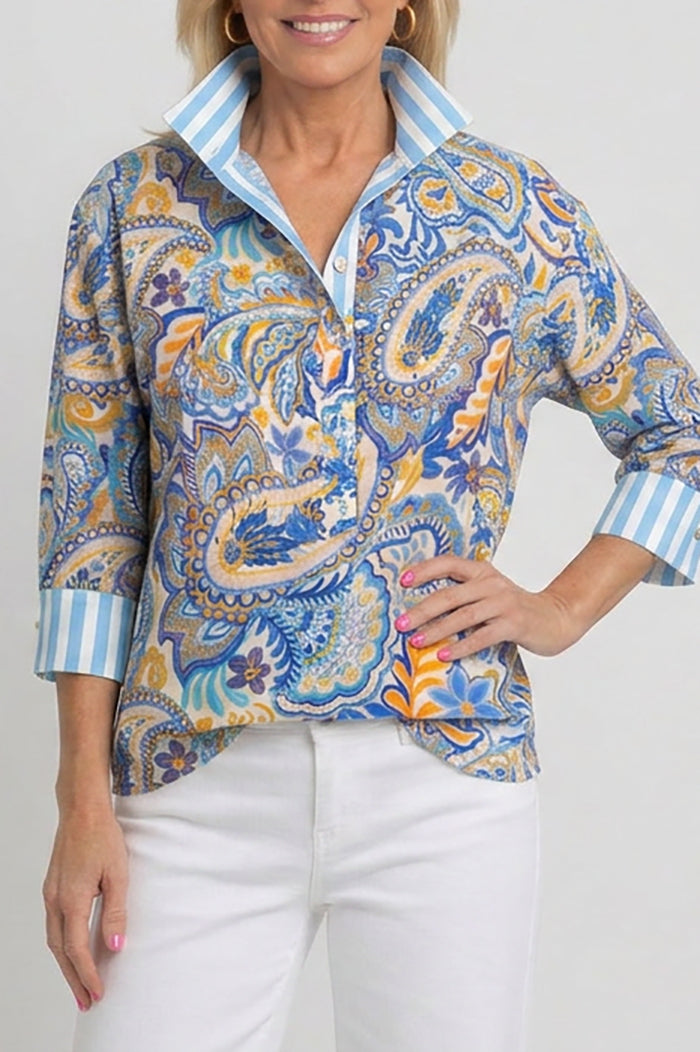 Light Blue Paisley Striped Cuff Half Placket Top