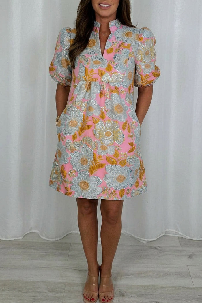 Floral Puff Sleeve Pocket Dress