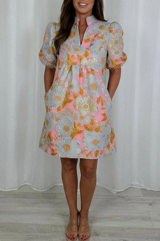 Floral Puff Sleeve Pocket Dress