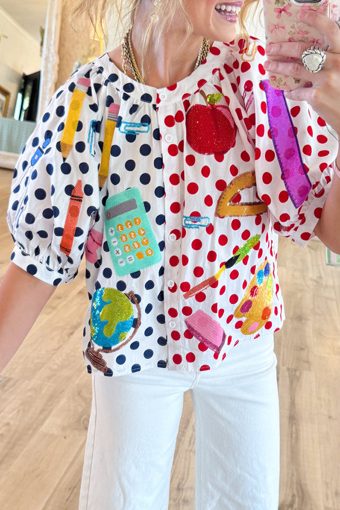 Polka Dot Puff Sleeve Button Up Top