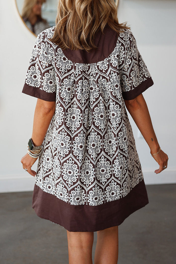 Embroidered Buttoned Pockets Dress