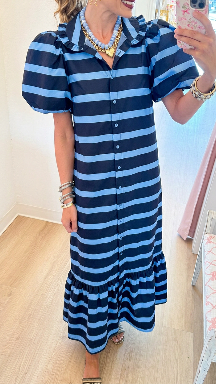 Stripe Puff Sleeve Ruffles Hem Dress