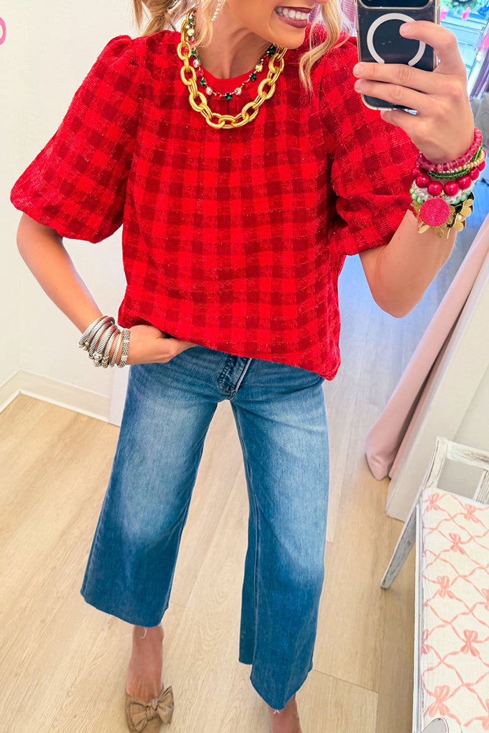 Red Gingham Bubble Sleeve Top