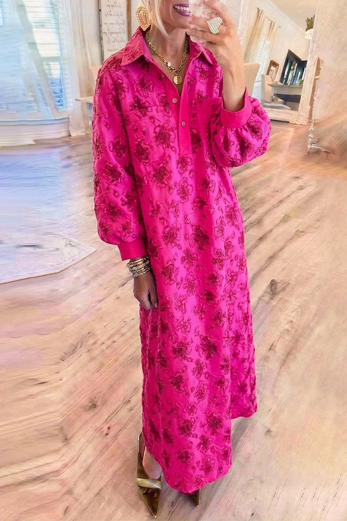 Fuchsia Floral Embroidery Collared Maxi Shirt Dress