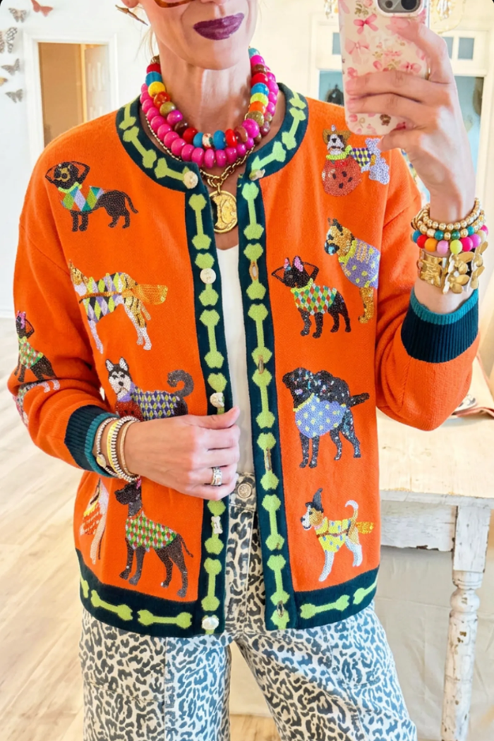 Orange Dog Embroidered Bone Trim Cardigan