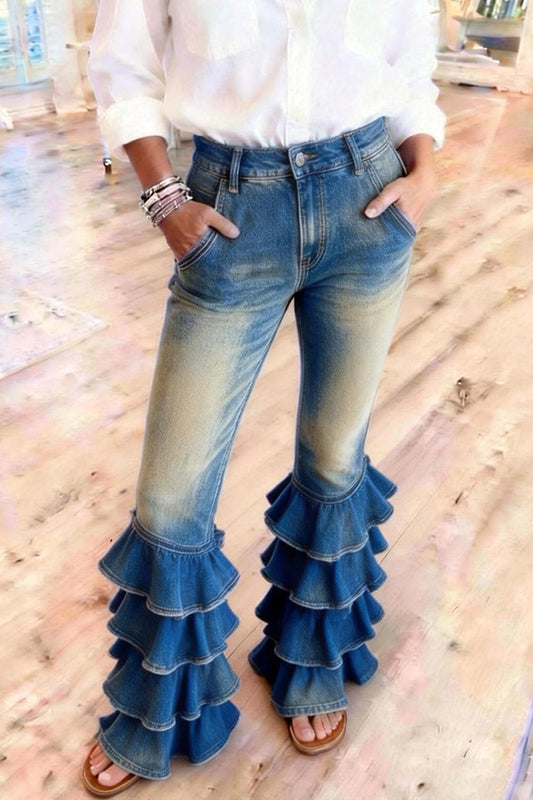 Tiered Ruffle Flare Denim Jeans