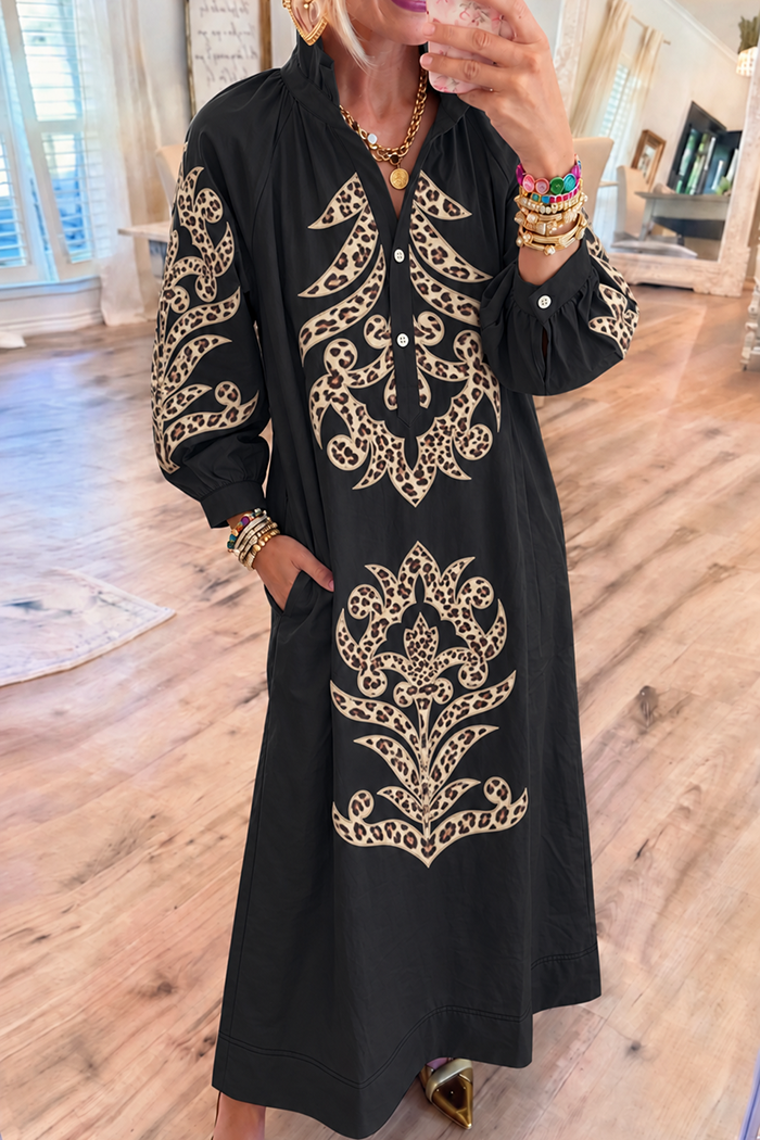 Ruffle Collar Plaid Applique Pocket Maxi Dress