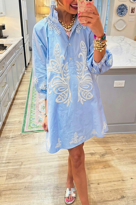 Ruffle Collar Symmetric Floral Lantern Sleeve Shirt Dress