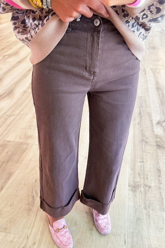 Brown Solid Mid-Rise Ankle Pants