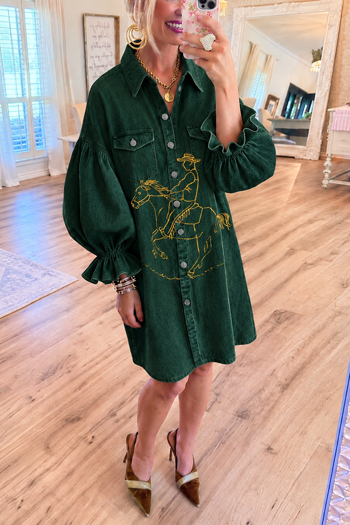 Full Button Ruffled Balloon Sleeves Pocket Denim Dress