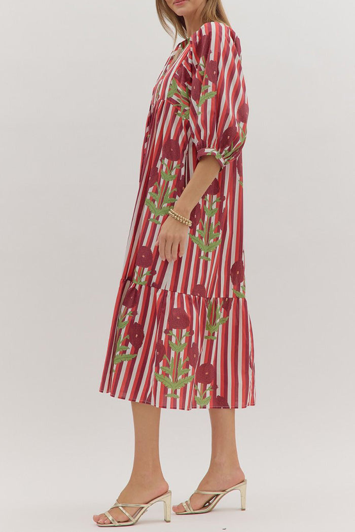 Floral Stripe Puff Sleeve Pocket Maxi Dress