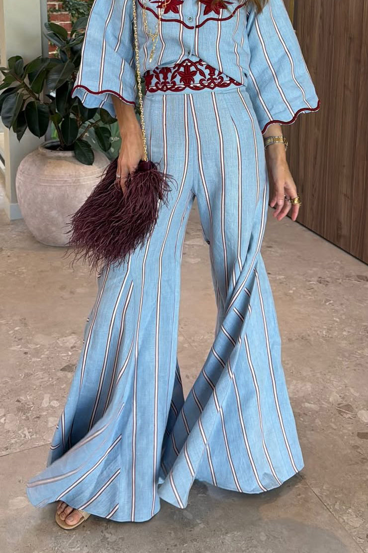 Embroidered Stripe Flared Pants