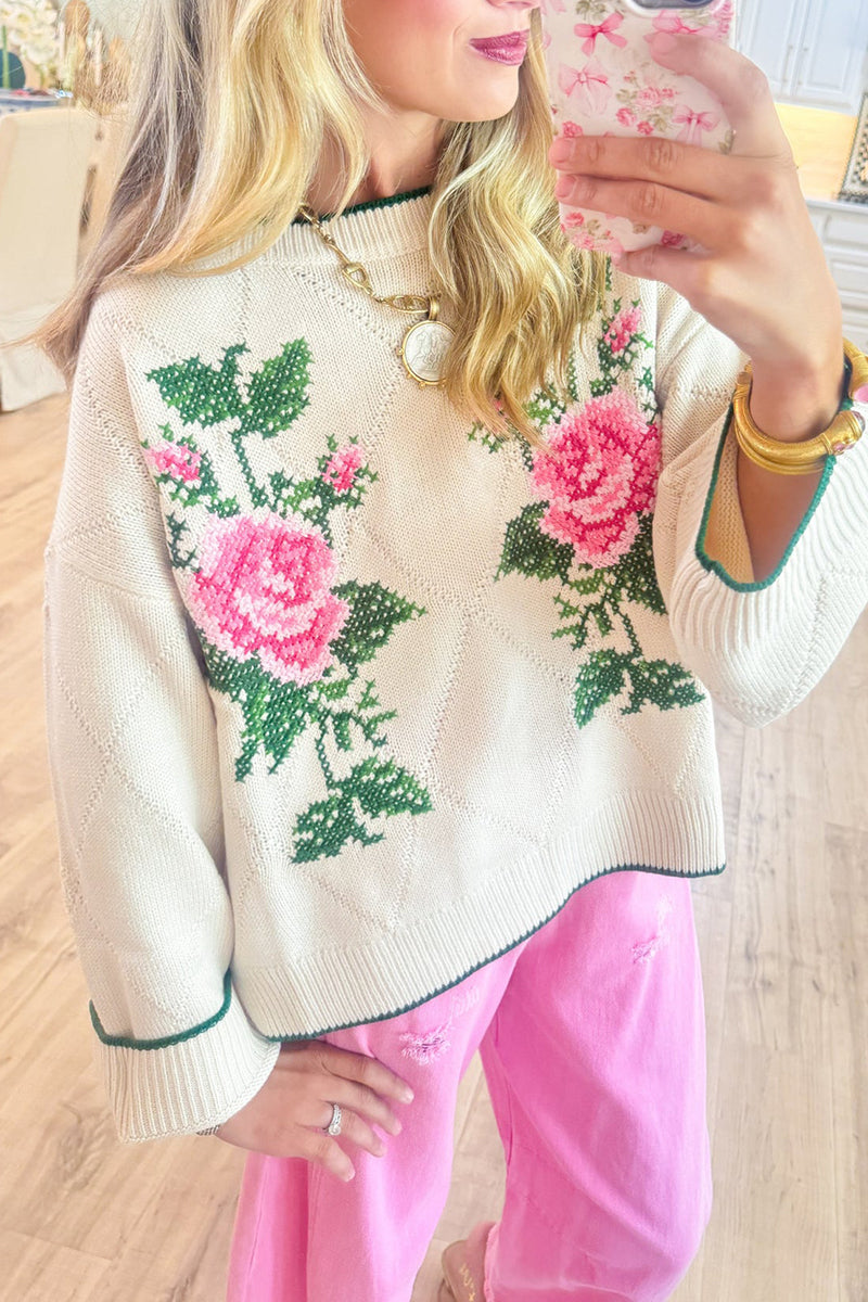 Ivory Rose Pattern Knit Sweater