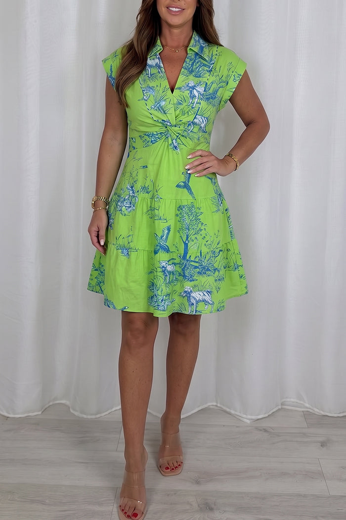 Twist Front Tiered Print Shirt Dress