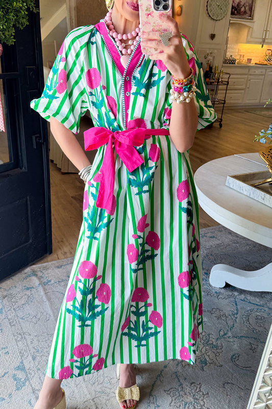 Stripe Floral Pocketed Maxi Dress