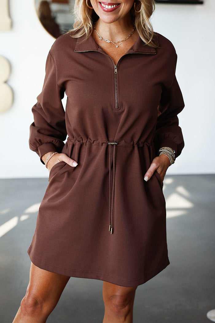 Long Sleeve Cinch Waist Pocket Dress