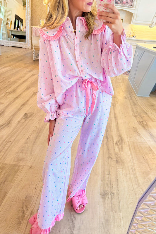 Pink Swiss Dot Striped Pajama Set