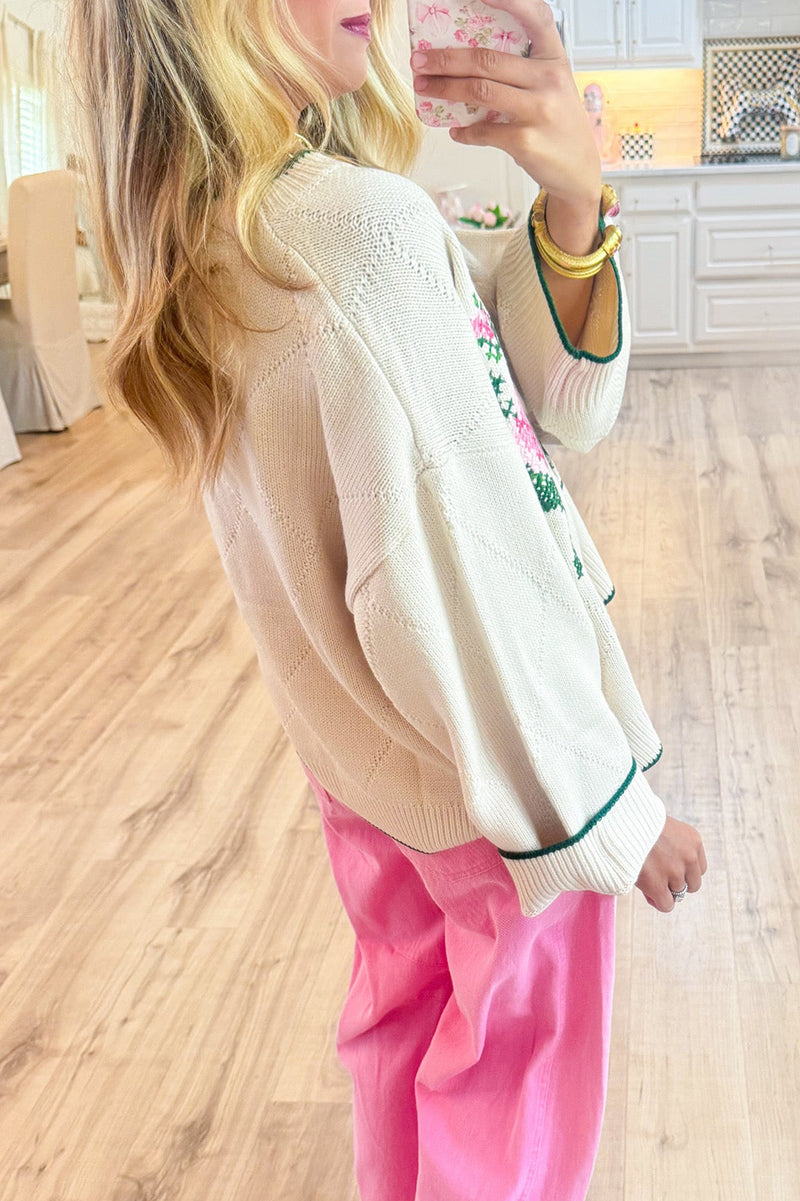 Ivory Rose Pattern Knit Sweater