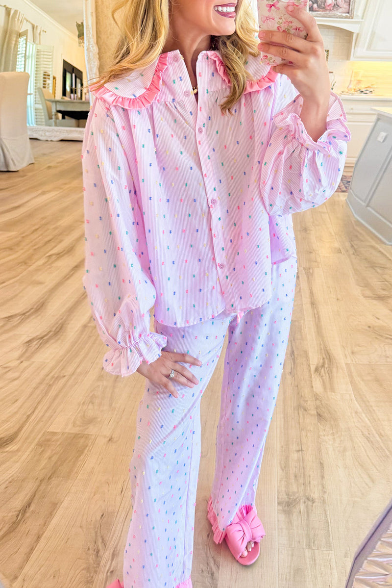 Pink Swiss Dot Striped Pajama Set