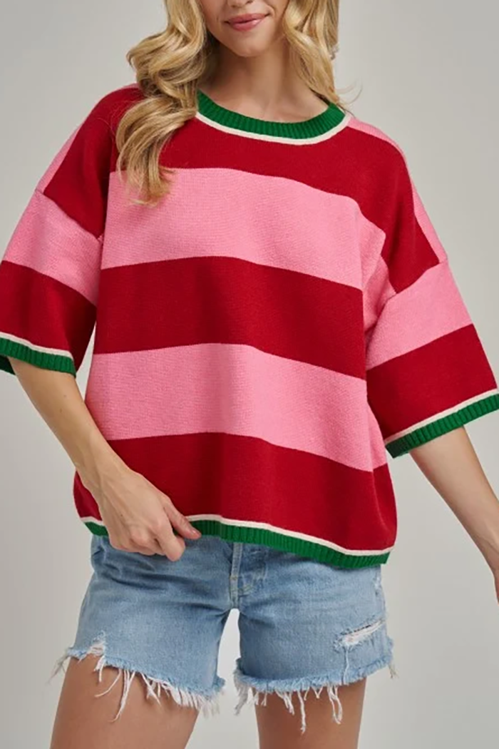 Red Pink Stripe Short Sleeve Sweater