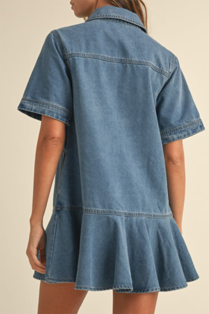 Collared Pocket Ruffle Hem Denim Dress