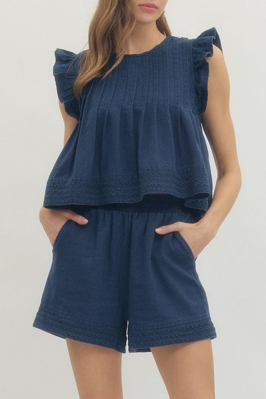 Ruffle Sleeve Pleated Denim Set