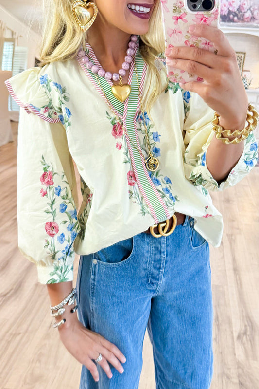 Floral Stripe Contrast Binding Top