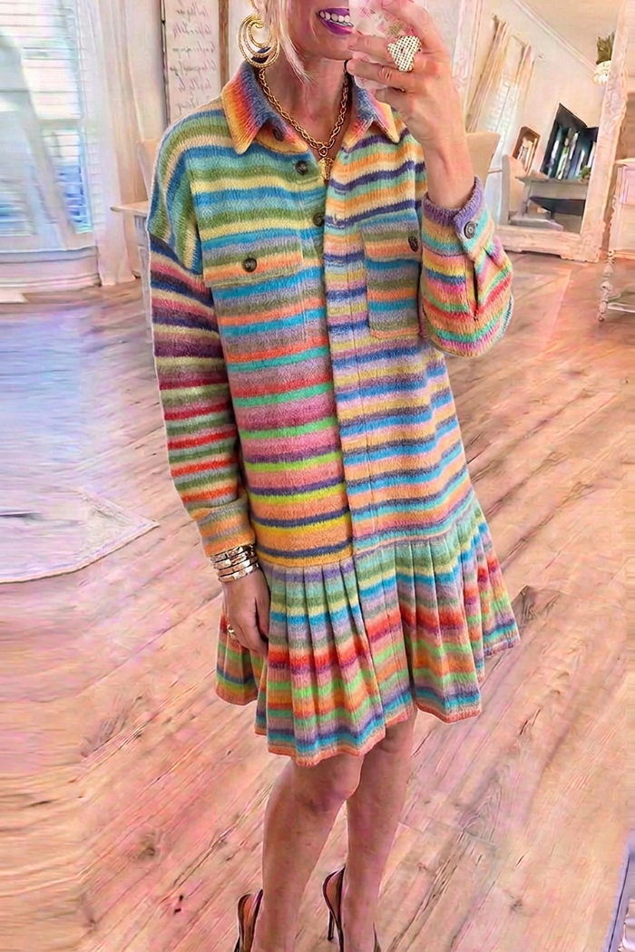 Rainbow Stripe Knit Collared Pleated Hem Dress