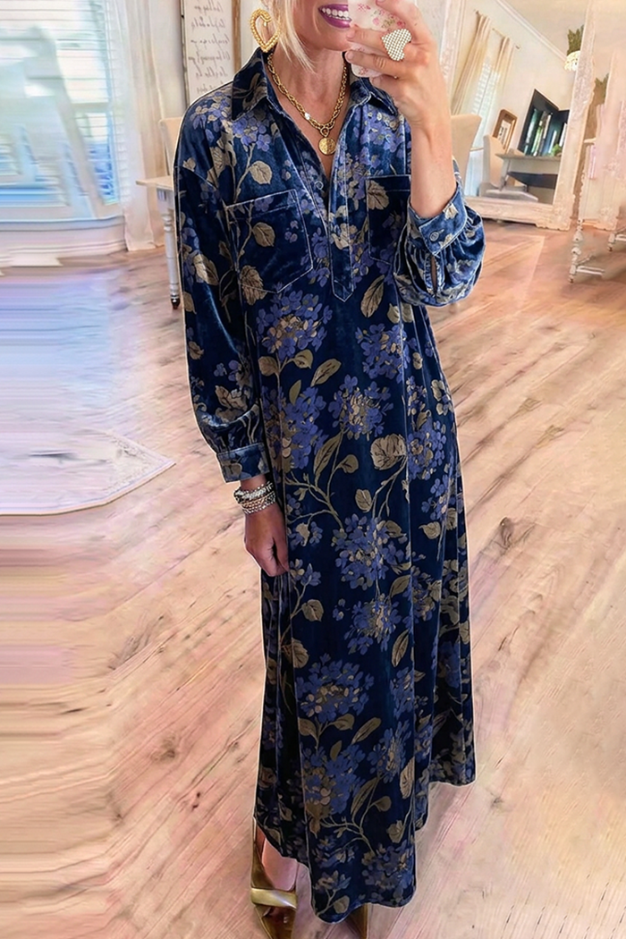 Velvet Floral Collared Chest Pocket Long Sleeve Maxi Dress