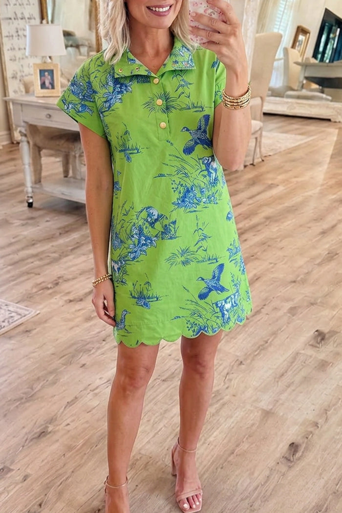 Scallop Hem Print Shirt Dress