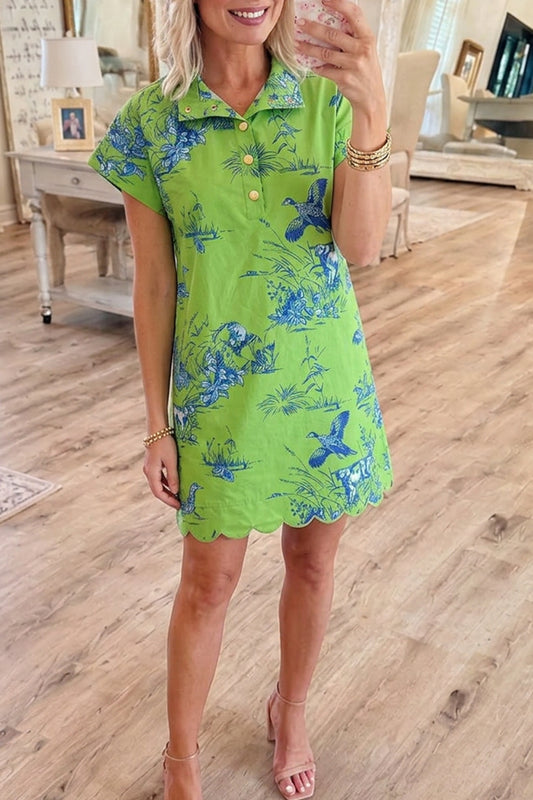 Scallop Hem Print Shirt Dress