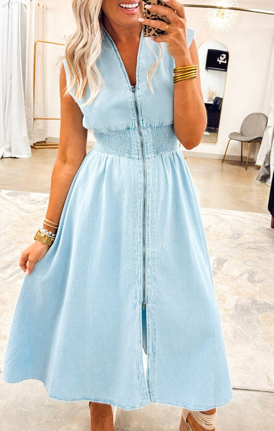 Zip-up Sleeveless Pockets Denim Dress