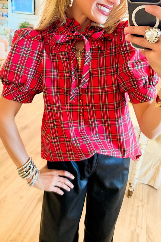 Red Plaid Ruffle Neck Top