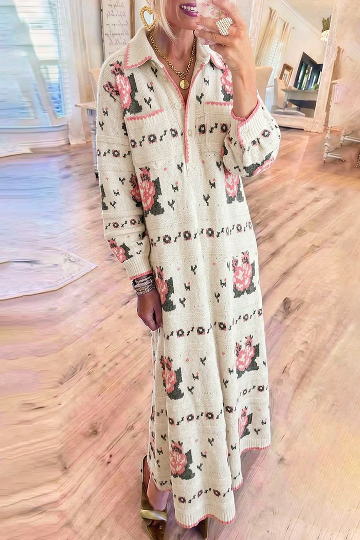 Cream Floral Jacquard Knit Collared Maxi Dress