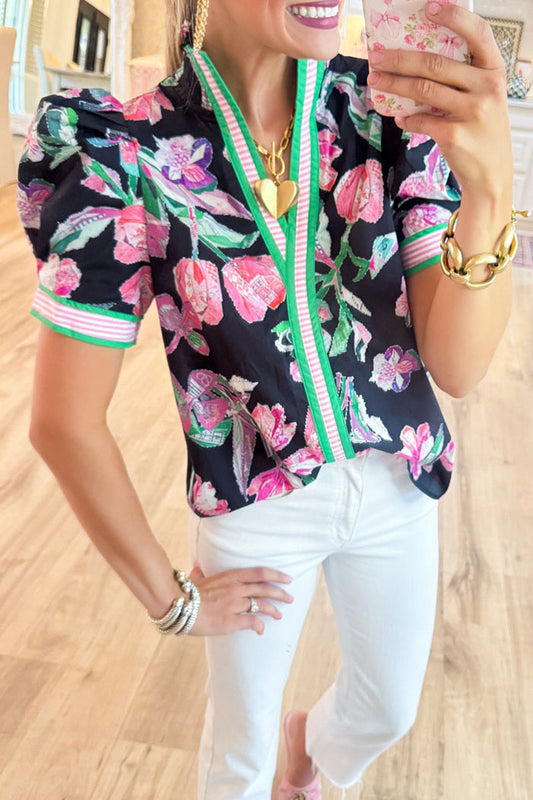 Floral Puff Sleeve Contrast Trim Top