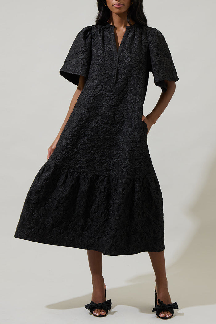V-Neck Puff-Sleeve Midi Dress