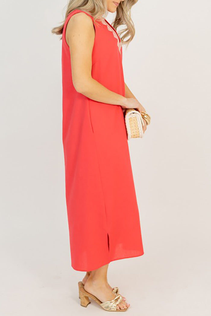 Embroidery Sleeveless Pocket Midi Dress