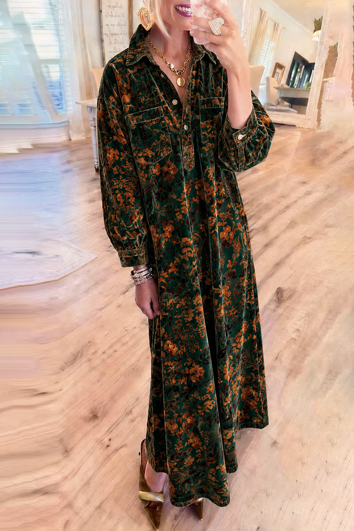 Green Floral Velvet Pockets Maxi Dress