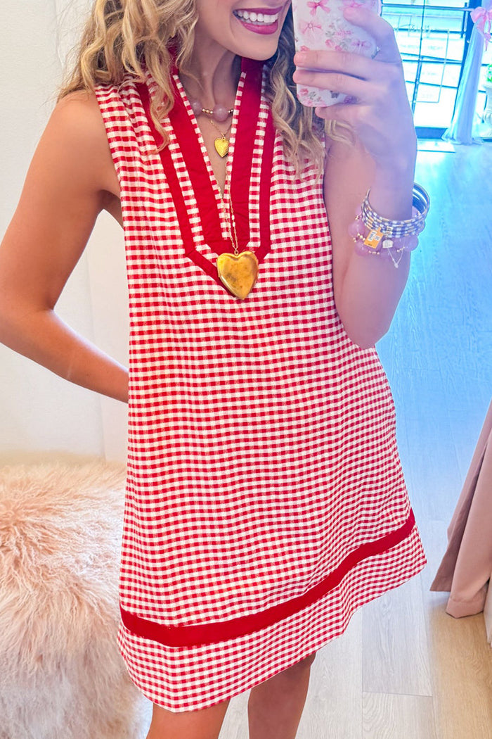 Red Gingham Contrast Sleeveless Pocket Dress