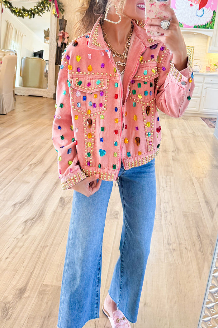 Pink Jeweled Mineral Washed Denim Jacket