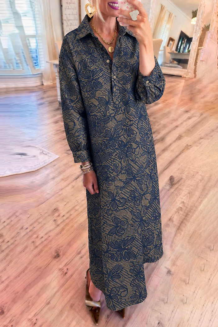 Navy Floral Collared Button Long Sleeve Maxi Dress