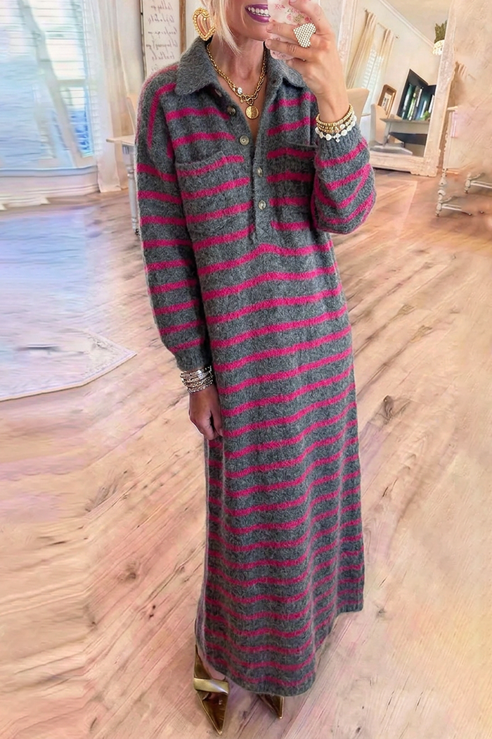 Stripe Collared Half Button Chest Pockets Long Sleeve Knit Maxi Dress