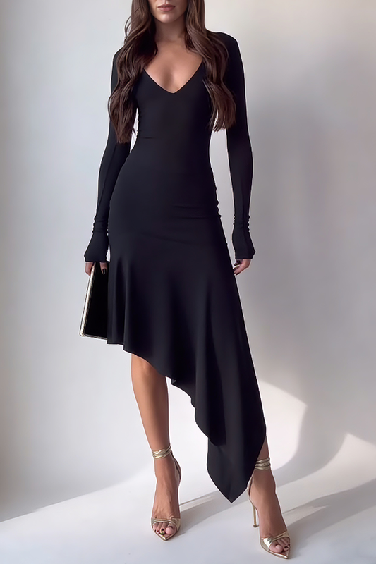 Black Fitted Asymmetric Ruffle Midi Dress