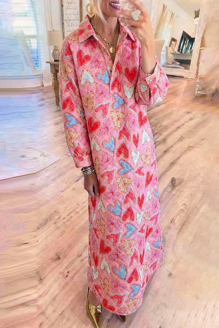 Pink Heart Quilted Collared Long Sleeve Maxi Dress