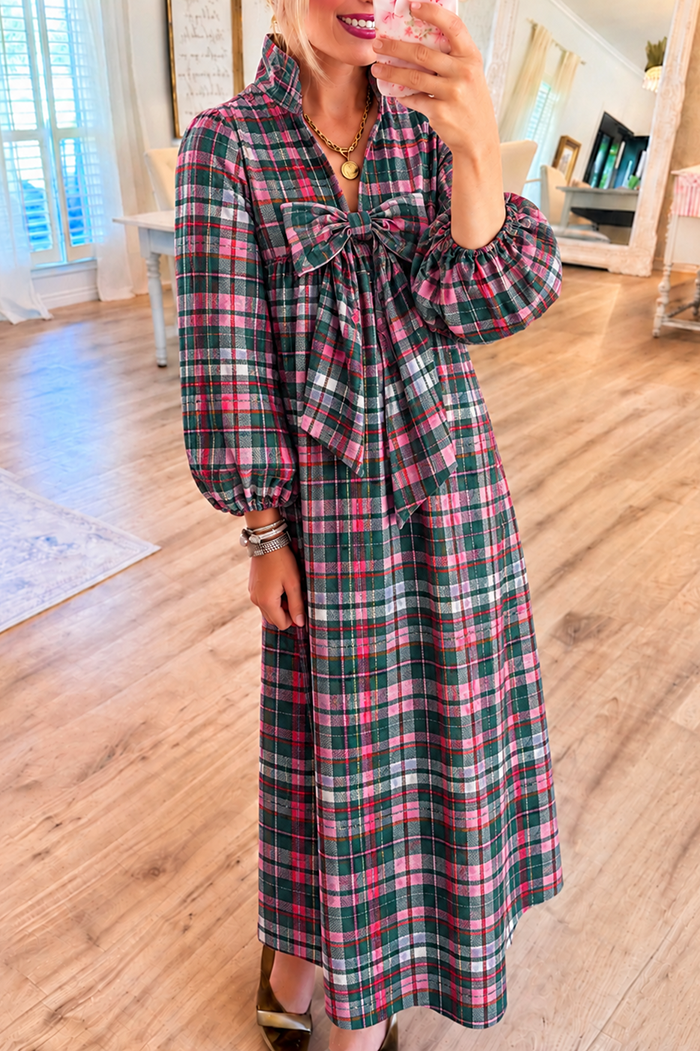 Pink and Green Plaid Bow Pocket Maxi Dress