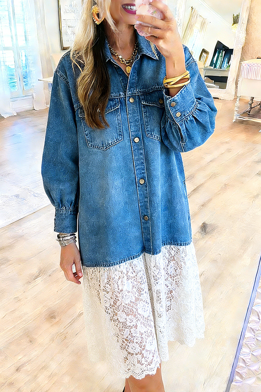 Lace Panel Flap Pocket Denim Dress